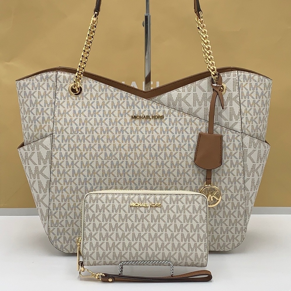 MICHAEL KORS LARGE X CHAIN SHOULDER TOTE & LG FLAT MULTIFUNCTIONAL PHONE CASE - Picture 2 of 16